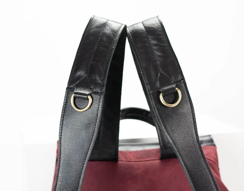 Artemis backpack - Burgundy canvas and Black leather