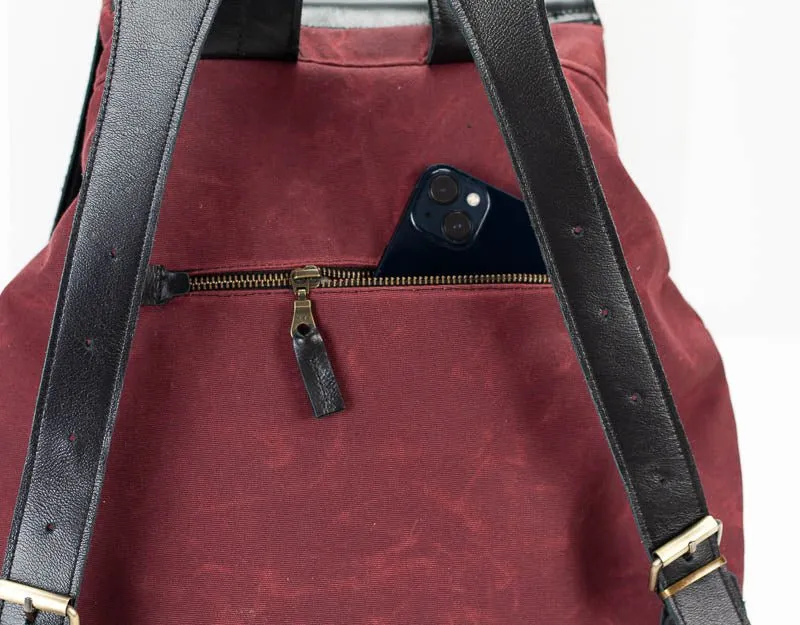 Artemis backpack - Burgundy canvas and Black leather