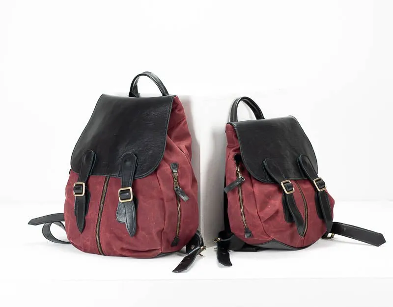 Artemis backpack - Burgundy canvas and Black leather