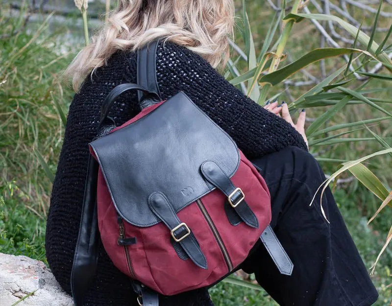 Artemis backpack - Burgundy canvas and Black leather