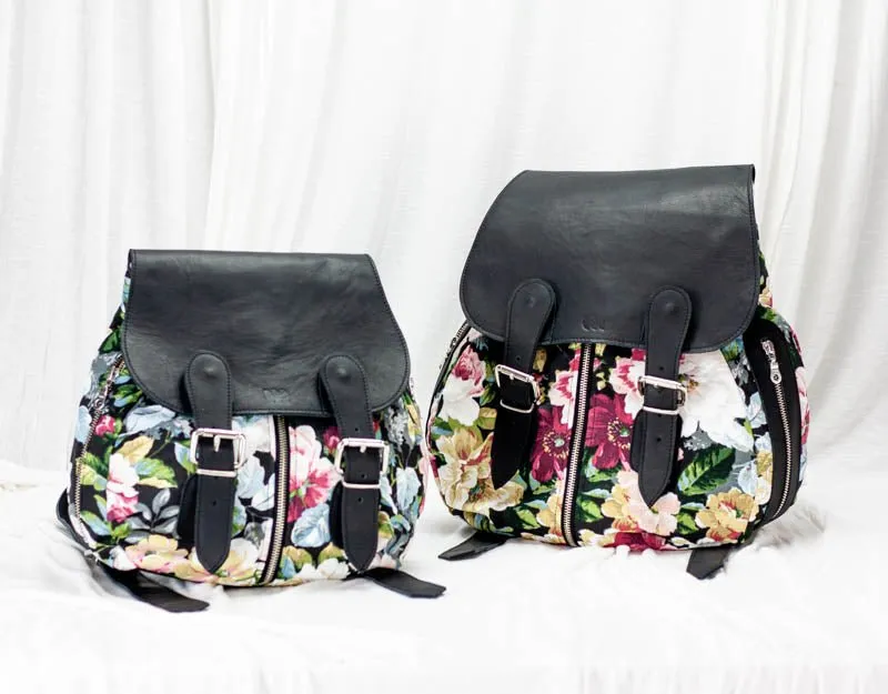 Artemis backpack - Floral canvas and Black leather