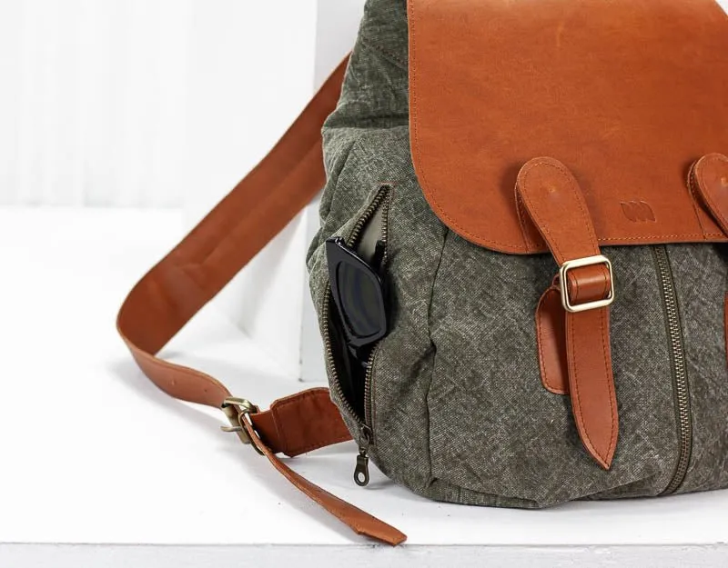 Artemis backpack - Green stonewashed canvas and Brown leather