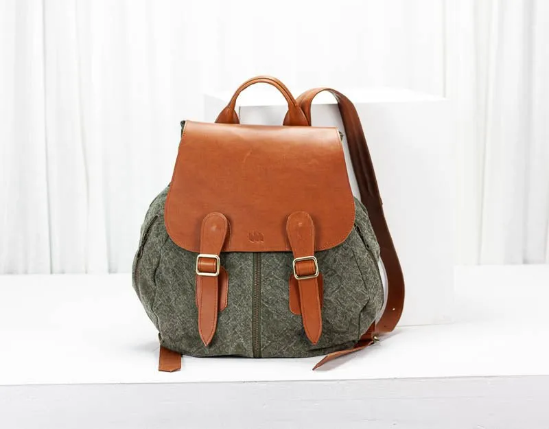 Artemis backpack - Green stonewashed canvas and Brown leather