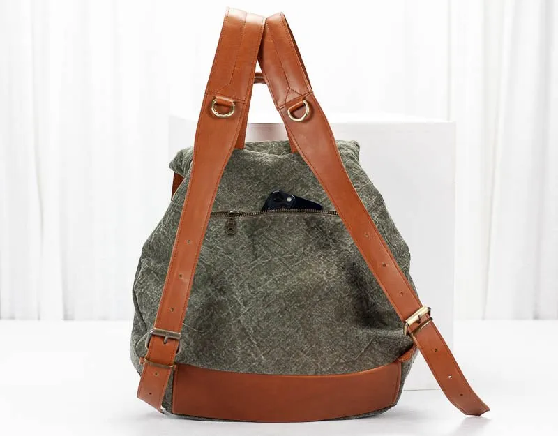 Artemis backpack - Green stonewashed canvas and Brown leather