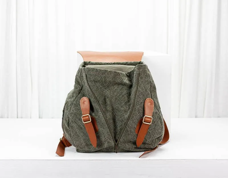 Artemis backpack - Green stonewashed canvas and Brown leather