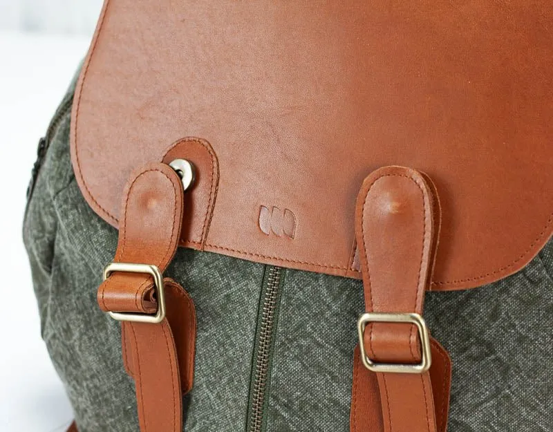 Artemis backpack - Green stonewashed canvas and Brown leather