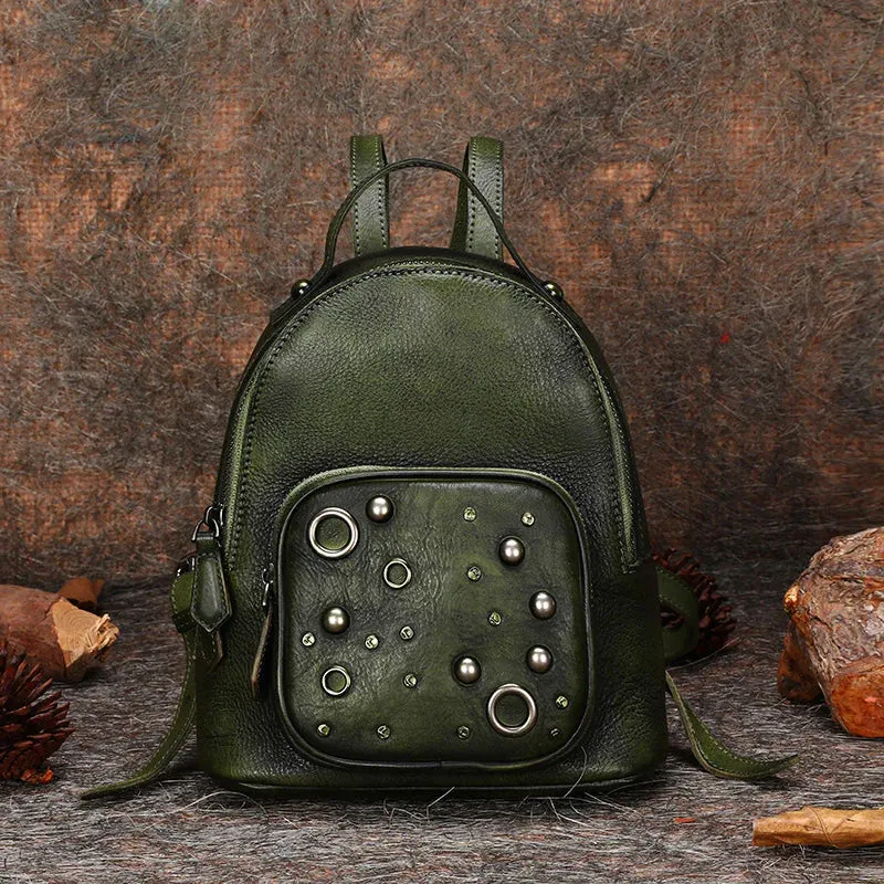 Best Vintage Rivet Black Gray Leather Rucksack Bag Womens Small School Backpacks Leather Backpack Purse