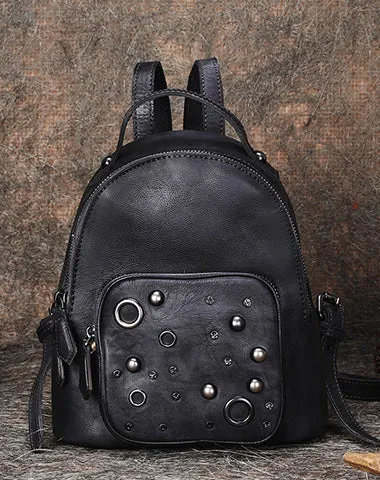 Best Vintage Rivet Black Gray Leather Rucksack Bag Womens Small School Backpacks Leather Backpack Purse