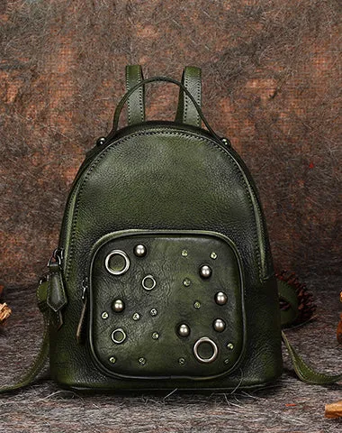 Best Vintage Rivet Black Gray Leather Rucksack Bag Womens Small School Backpacks Leather Backpack Purse