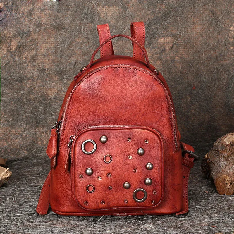 Best Vintage Rivet Black Gray Leather Rucksack Bag Womens Small School Backpacks Leather Backpack Purse