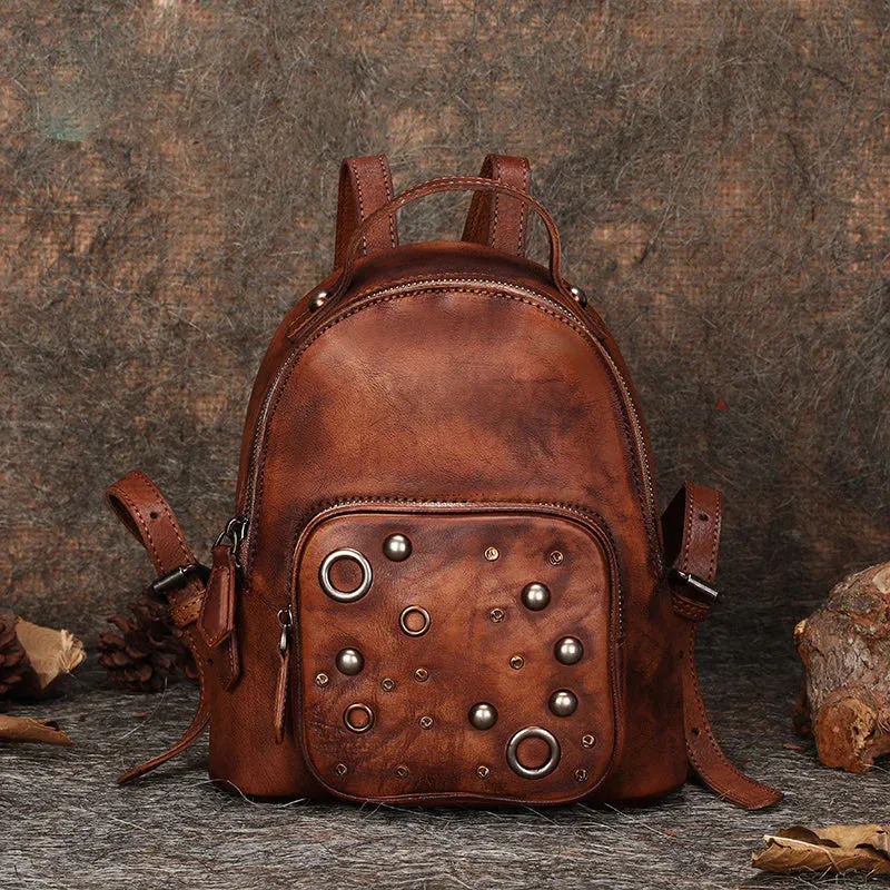 Best Vintage Rivet Black Gray Leather Rucksack Bag Womens Small School Backpacks Leather Backpack Purse