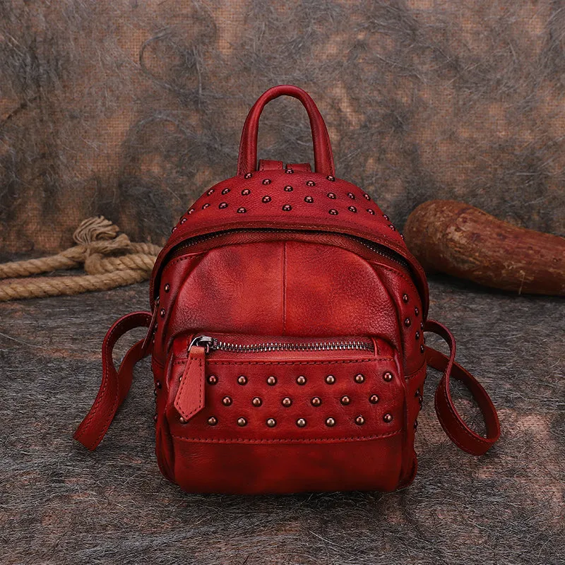 Best Vintage Rivets Coffee Leather Rucksack Bag Womens Small School Rucksack Leather Backpack Purse