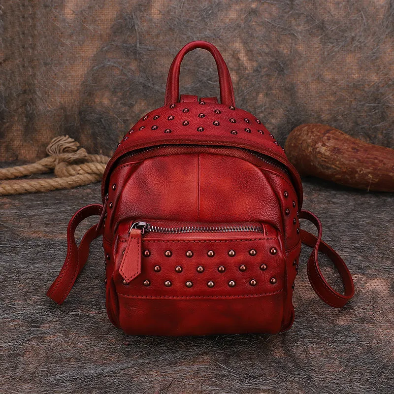 Best Vintage Rivets Coffee Leather Rucksack Bag Womens Small School Rucksack Leather Backpack Purse