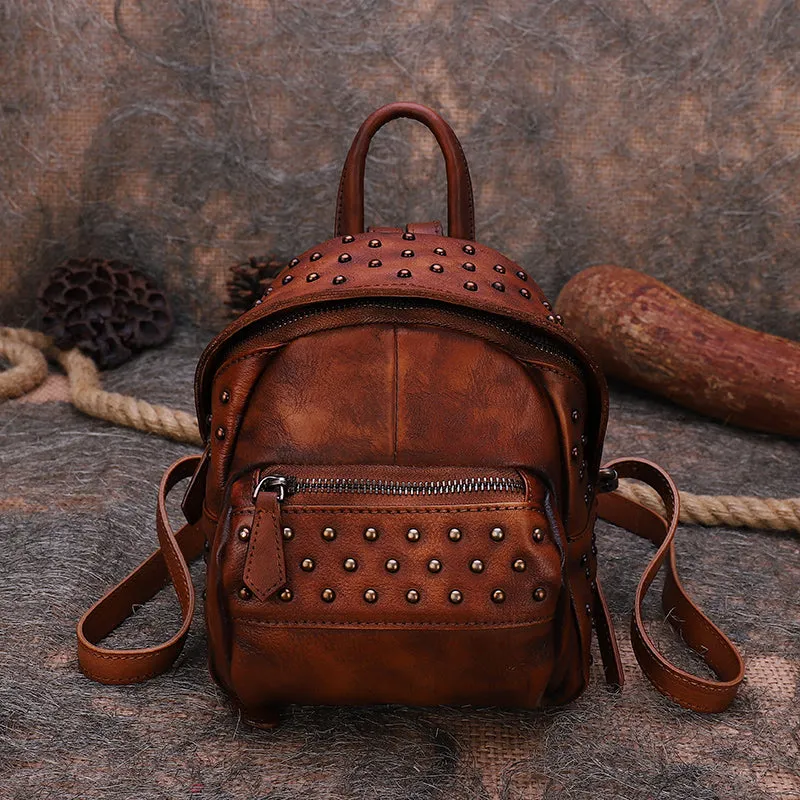 Best Vintage Rivets Coffee Leather Rucksack Bag Womens Small School Rucksack Leather Backpack Purse