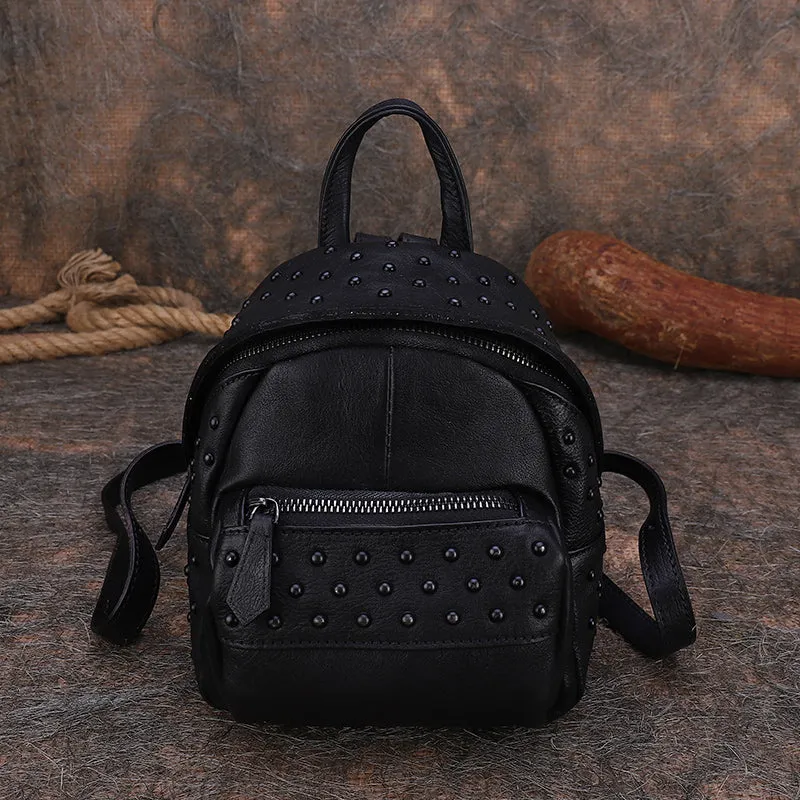 Best Vintage Rivets Coffee Leather Rucksack Bag Womens Small School Rucksack Leather Backpack Purse