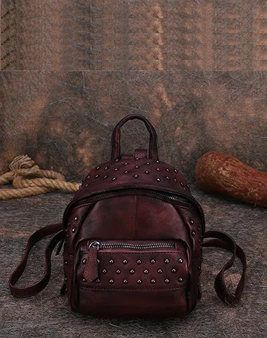 Best Vintage Rivets Coffee Leather Rucksack Bag Womens Small School Rucksack Leather Backpack Purse