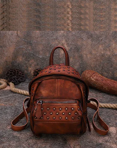 Best Vintage Rivets Coffee Leather Rucksack Bag Womens Small School Rucksack Leather Backpack Purse