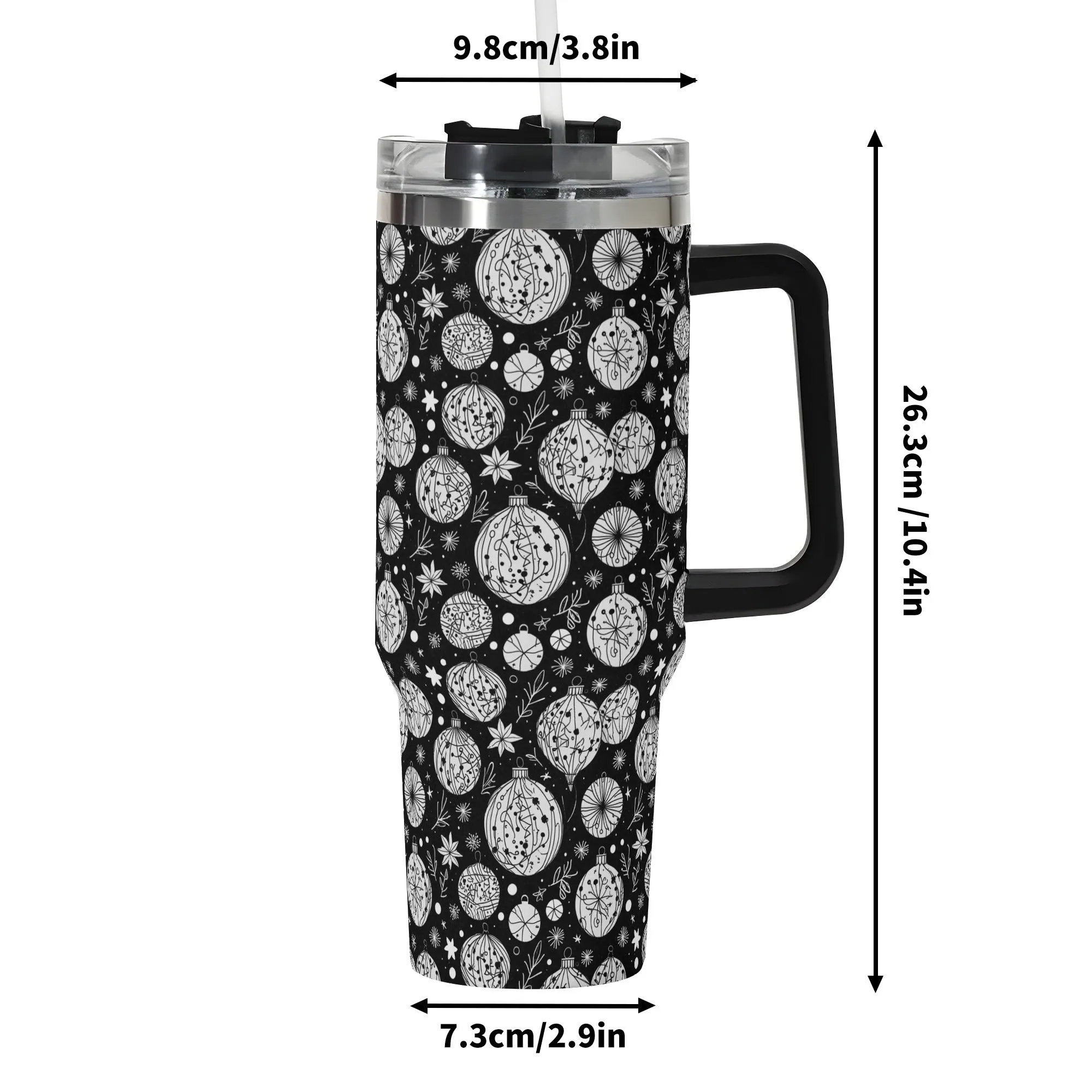 Black and White Ornament 40oz Stainless Steel Tumbler Gift With Black Handle and Straw