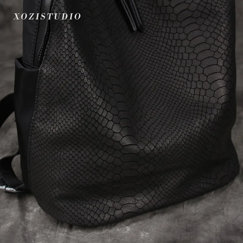 Black Nylon Satchel Backpack Womens Snake Skin Leather School Backpack Bag Nylon Leather Travel Rucksack Bag for Ladies