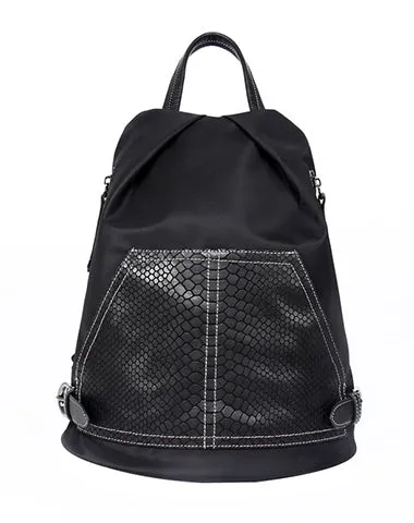 Black Nylon Satchel Backpack Womens Snake Skin Leather School Backpack Bag Nylon Leather Travel Rucksack Bag for Ladies