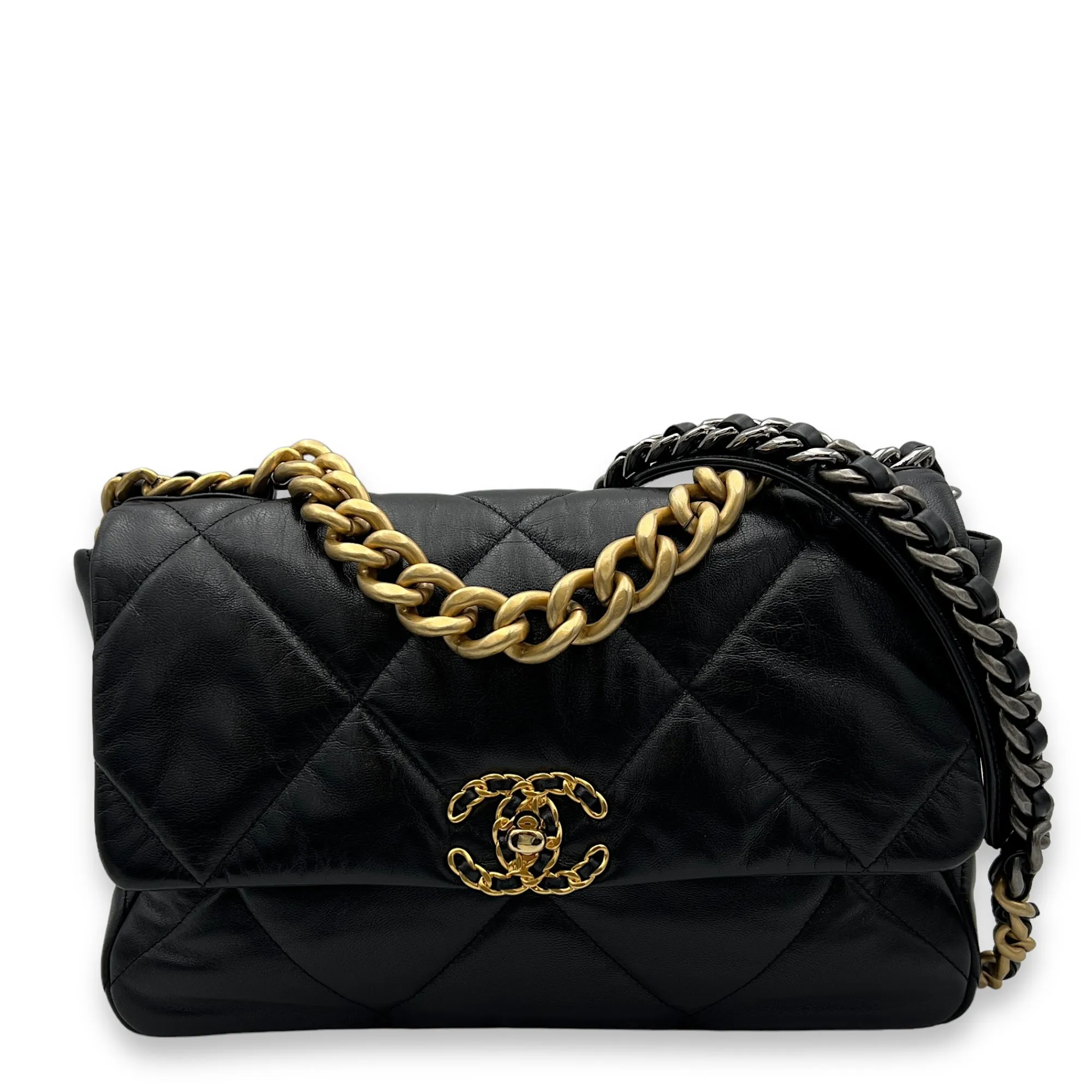 C19 Large Black Crossbody Bag in Goat Leather, Gold hardware