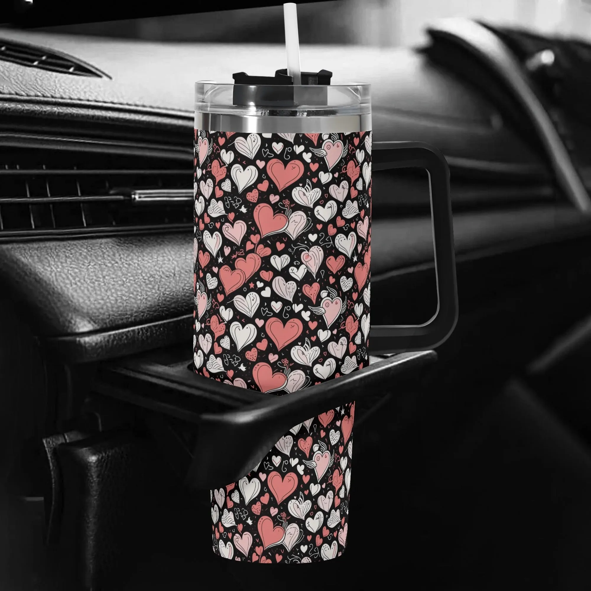 Colorful Hearts 40oz Stainless Steel Tumbler Gift With Black Handle and Straw