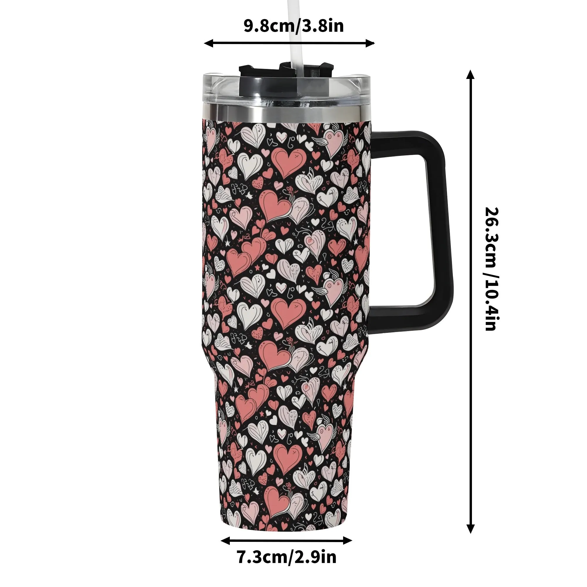 Colorful Hearts 40oz Stainless Steel Tumbler Gift With Black Handle and Straw