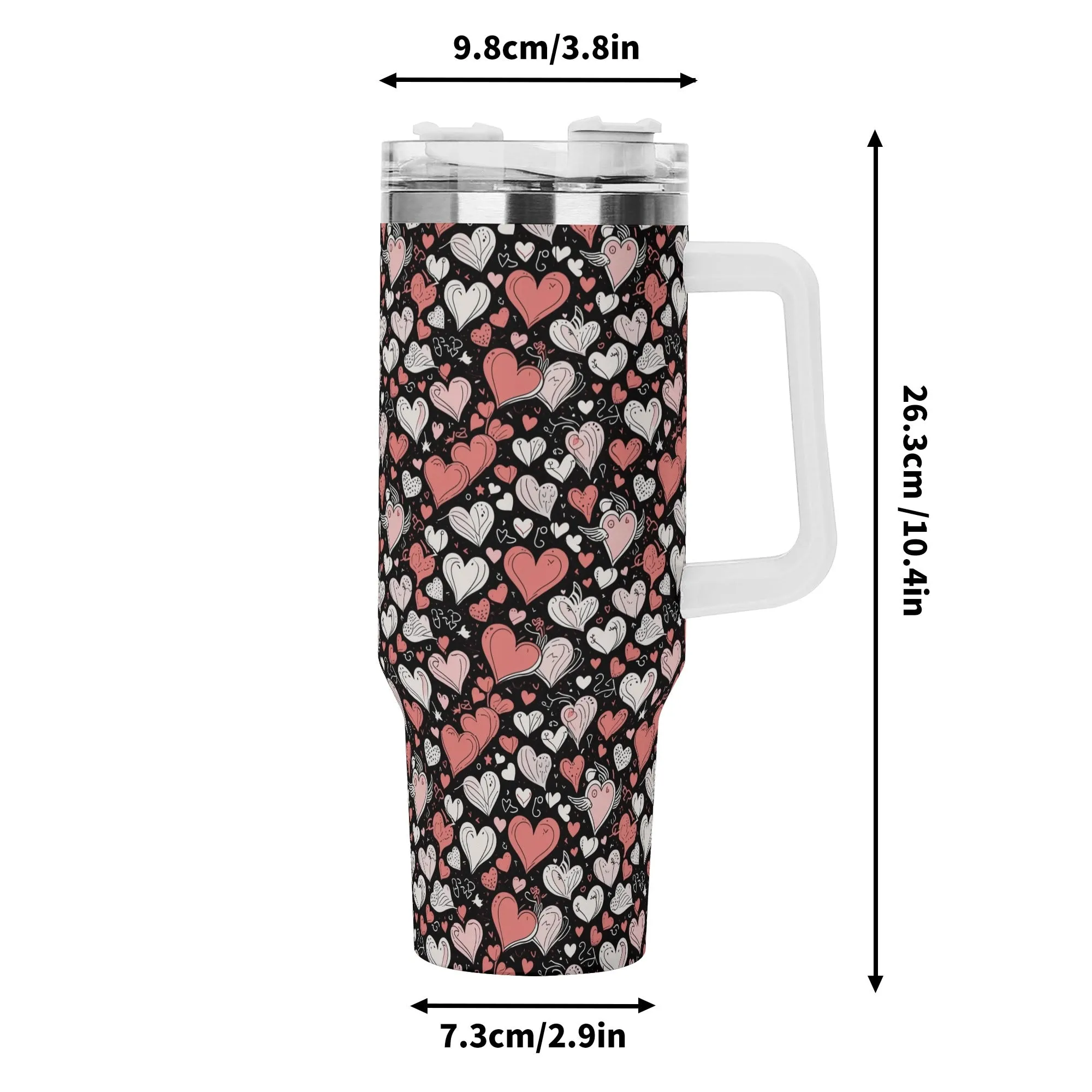 Colorful Hearts 40oz Stainless Steel Tumbler Gift With White Handle and Straw