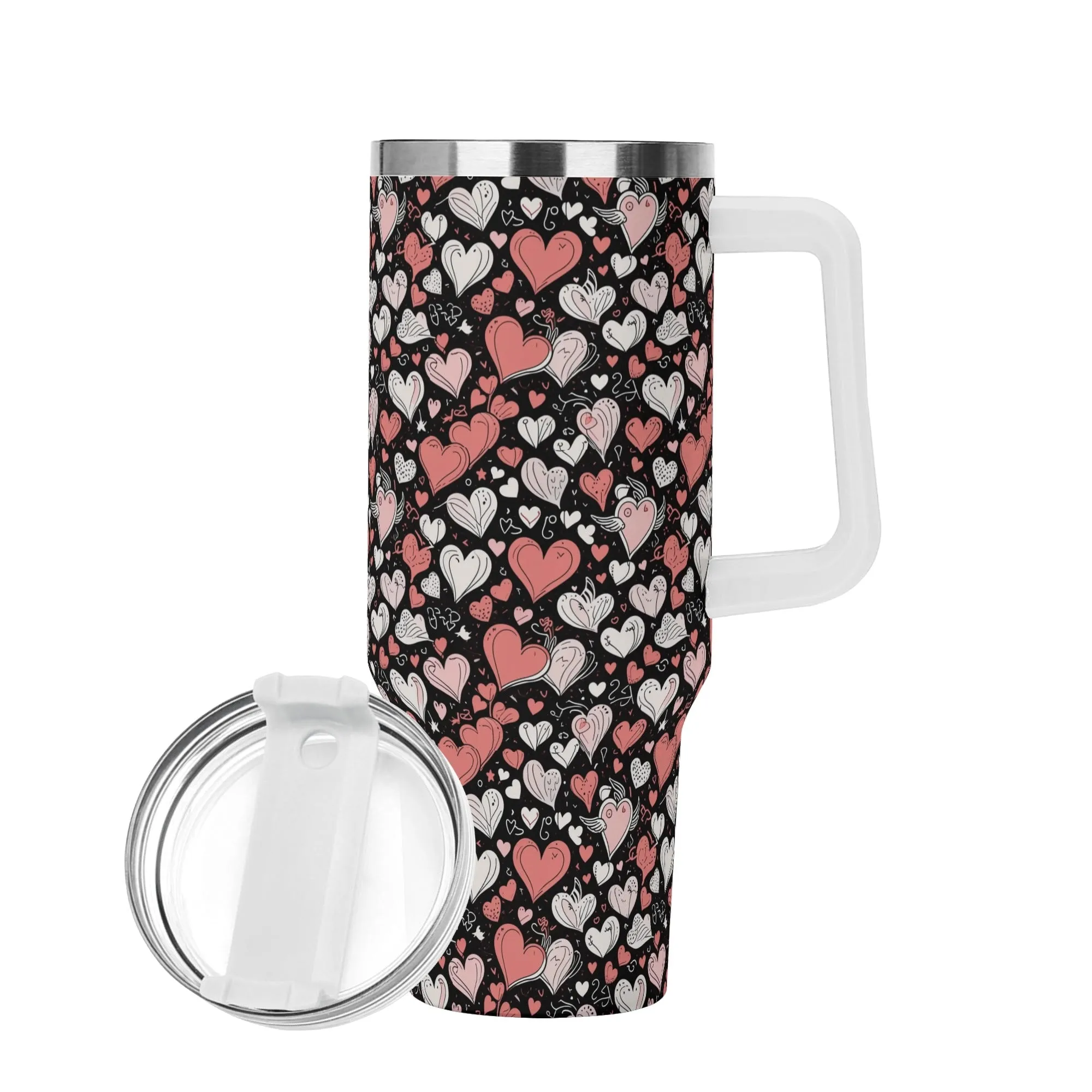 Colorful Hearts 40oz Stainless Steel Tumbler Gift With White Handle and Straw