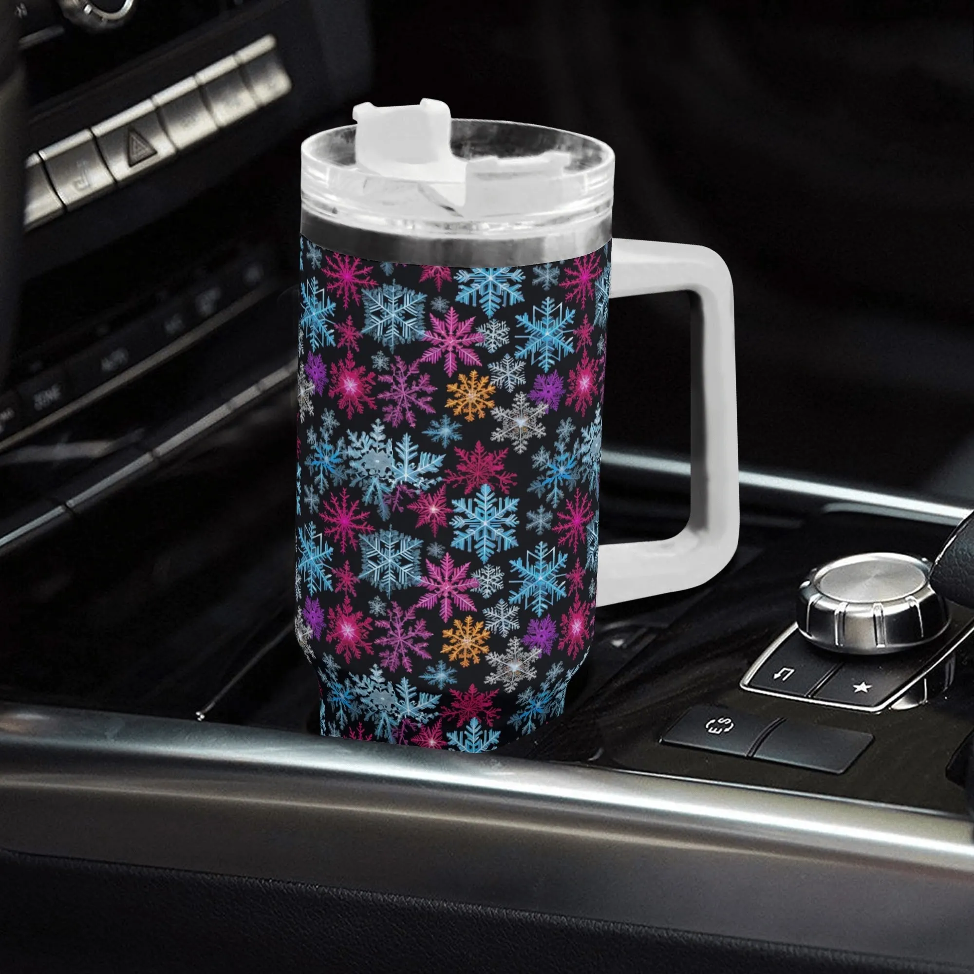 Colorful Party Snowflake 40oz Stainless Steel Tumbler Gift With White Handle and Straw