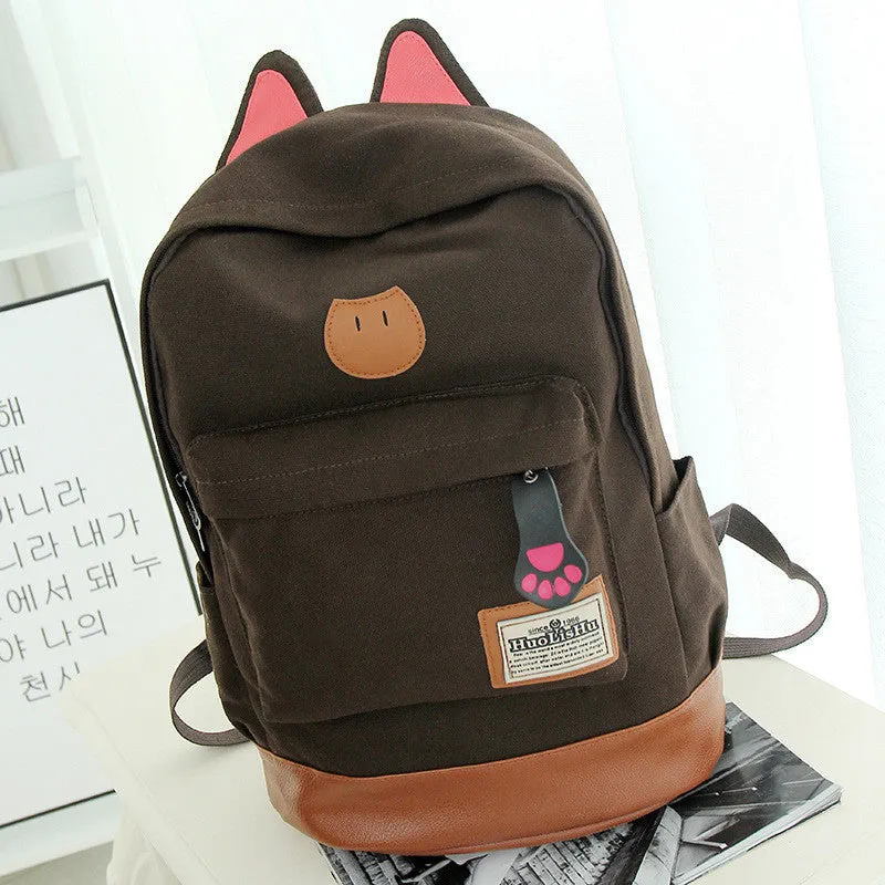 Cute Cat Ears Solid Color School Backpack Canvas Bag