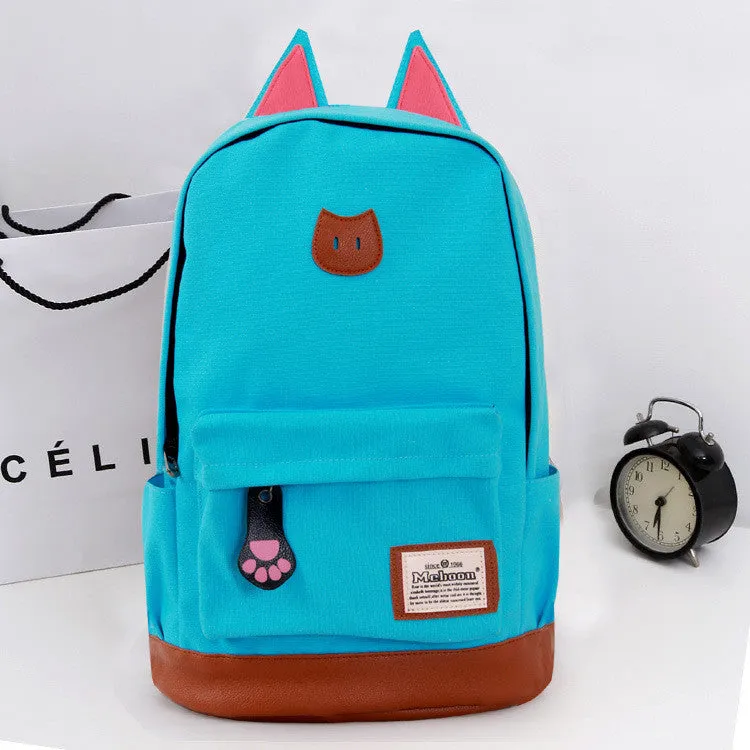 Cute Cat Ears Solid Color School Backpack Canvas Bag