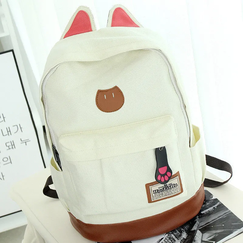 Cute Cat Ears Solid Color School Backpack Canvas Bag