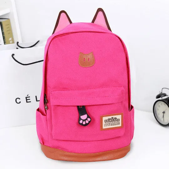 Cute Cat Ears Solid Color School Backpack Canvas Bag