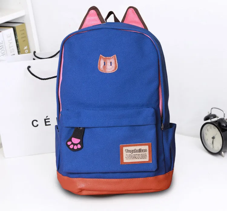 Cute Cat Ears Solid Color School Backpack Canvas Bag