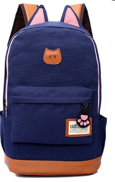 Cute Cat Ears Solid Color School Backpack Canvas Bag