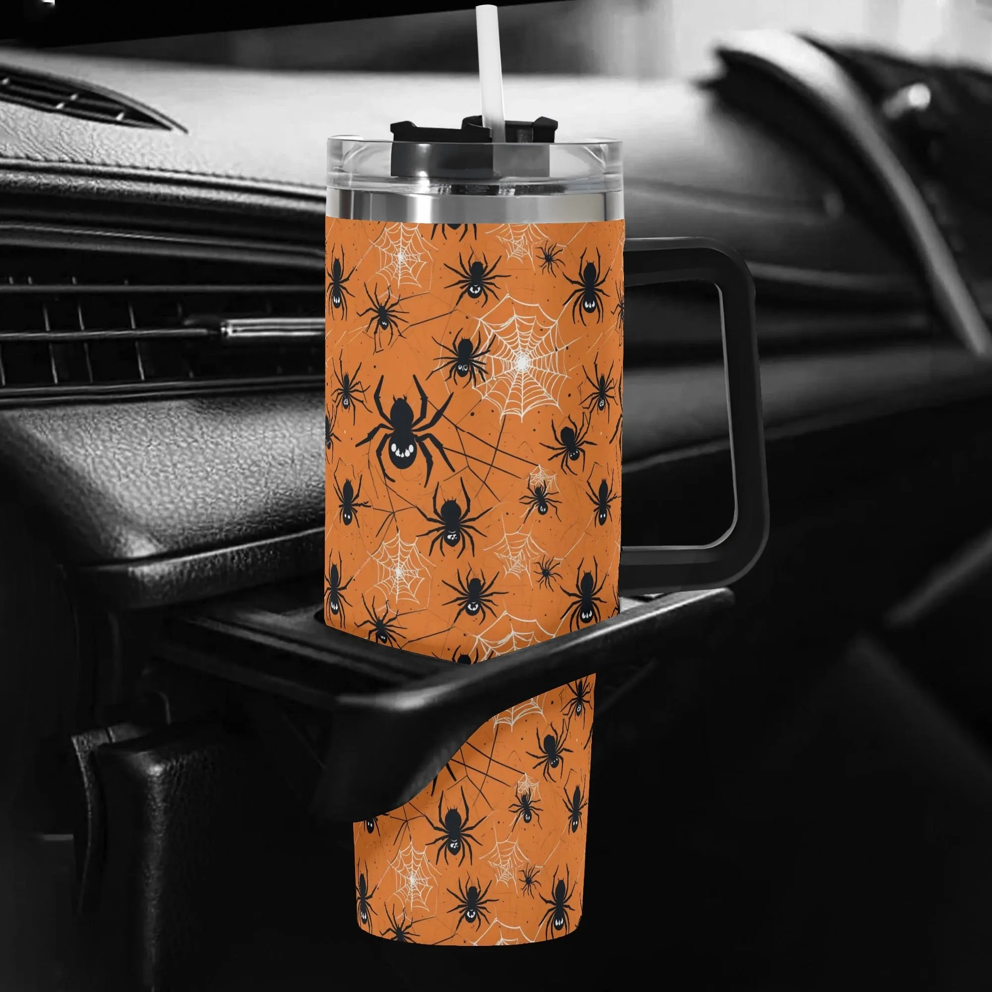 Cute Spiders Orange 40oz Stainless Steel Tumbler Gift With Black Handle and Straw