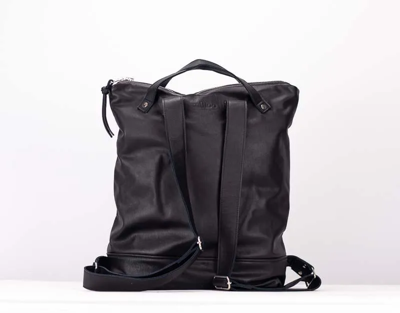 Minos backpack - Black leather & Floral canvas