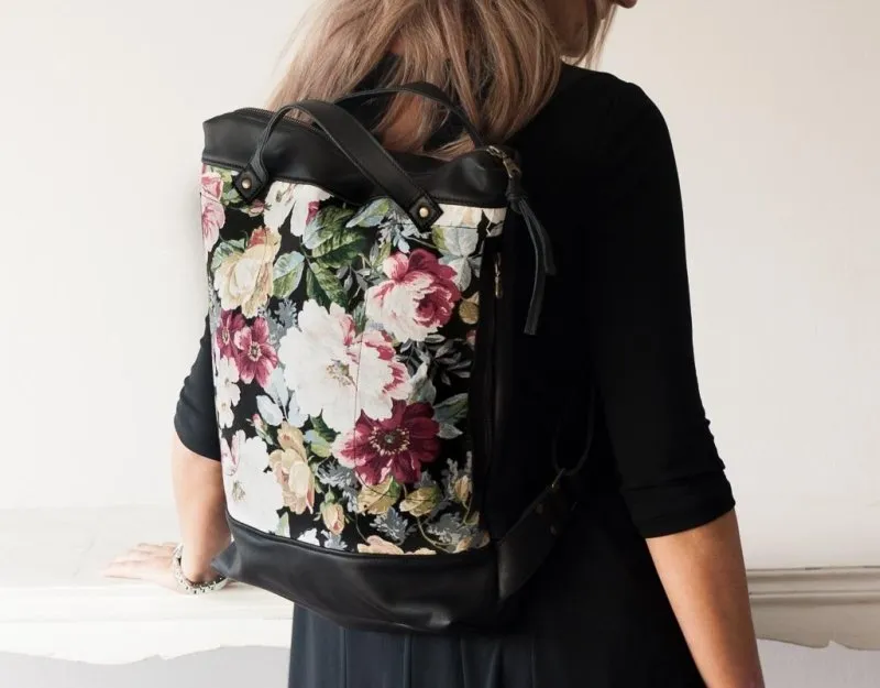 Minos backpack - Black leather & Floral canvas