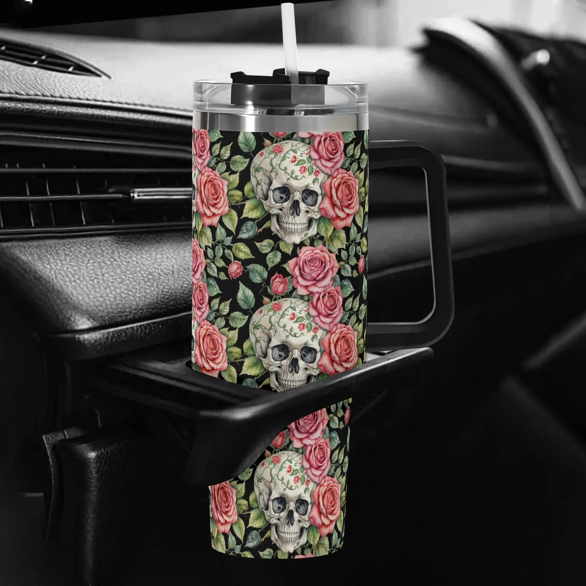 Pink Skulls 40oz Stainless Steel Tumbler Gift With Black Handle and Straw