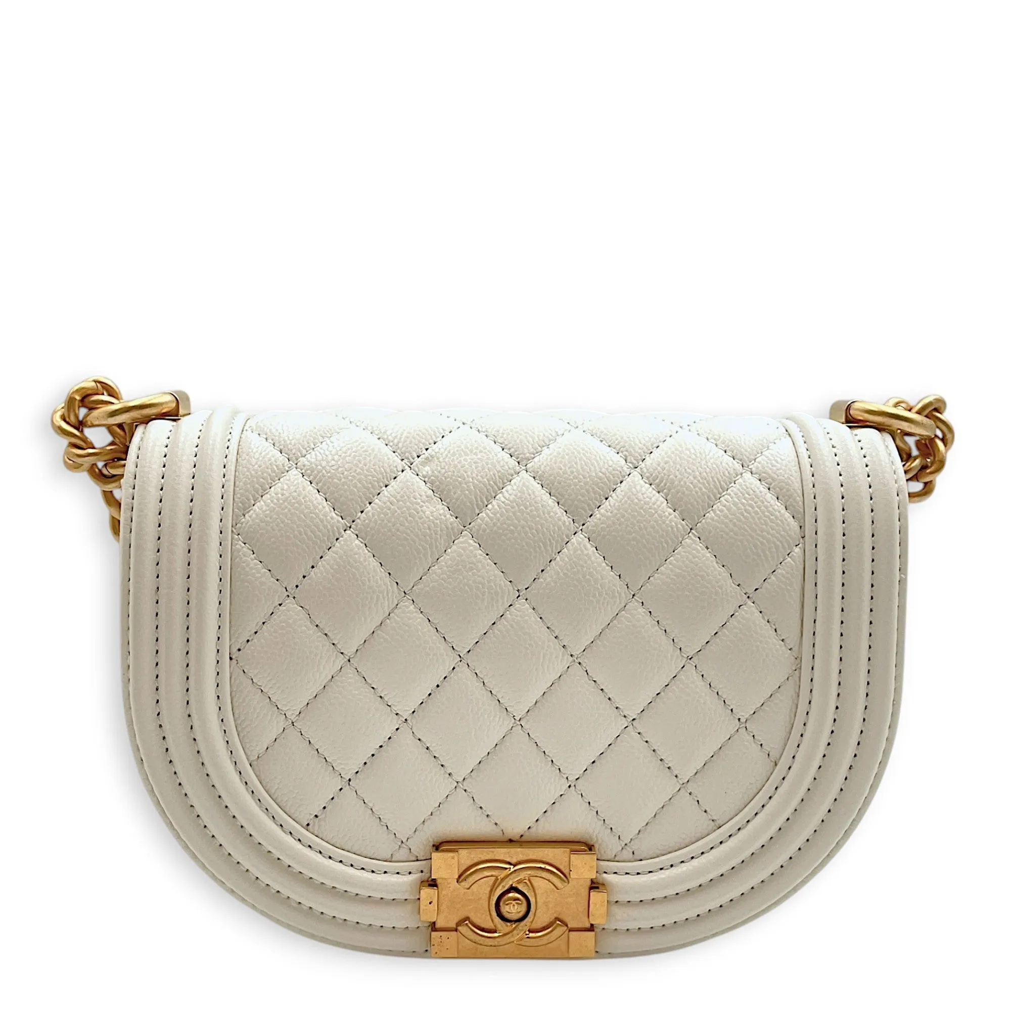 Quilted Half-moon Boy 18x11x5.5cm White Crossbody Bag in Caviar Leather, Gold hardware