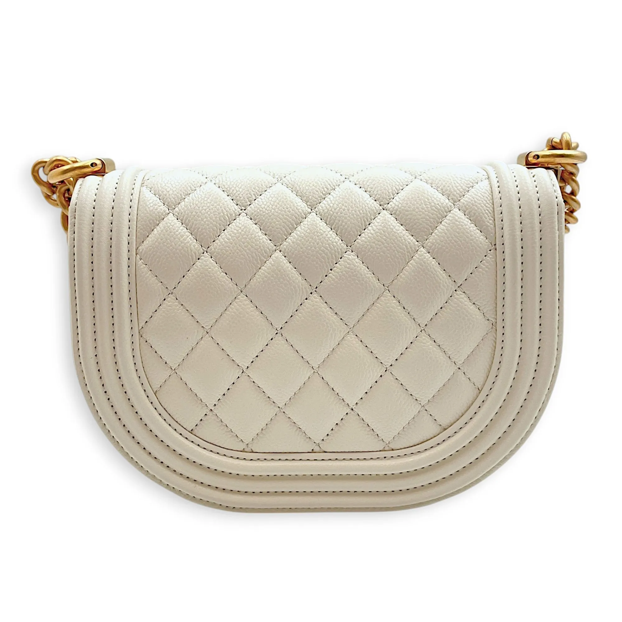 Quilted Half-moon Boy 18x11x5.5cm White Crossbody Bag in Caviar Leather, Gold hardware