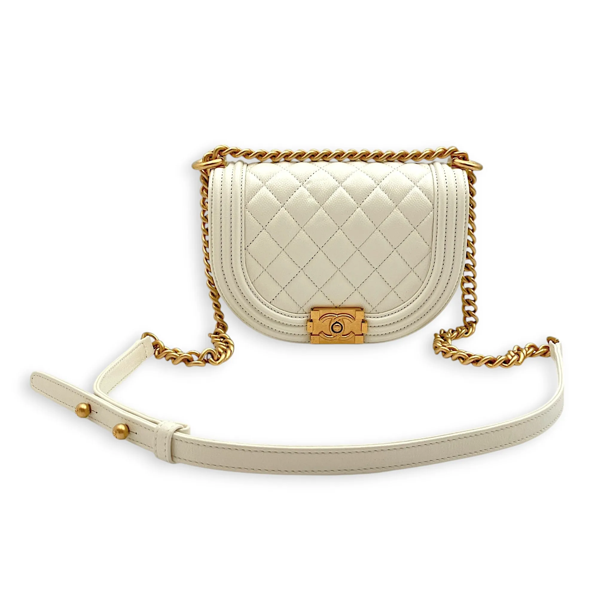 Quilted Half-moon Boy 18x11x5.5cm White Crossbody Bag in Caviar Leather, Gold hardware