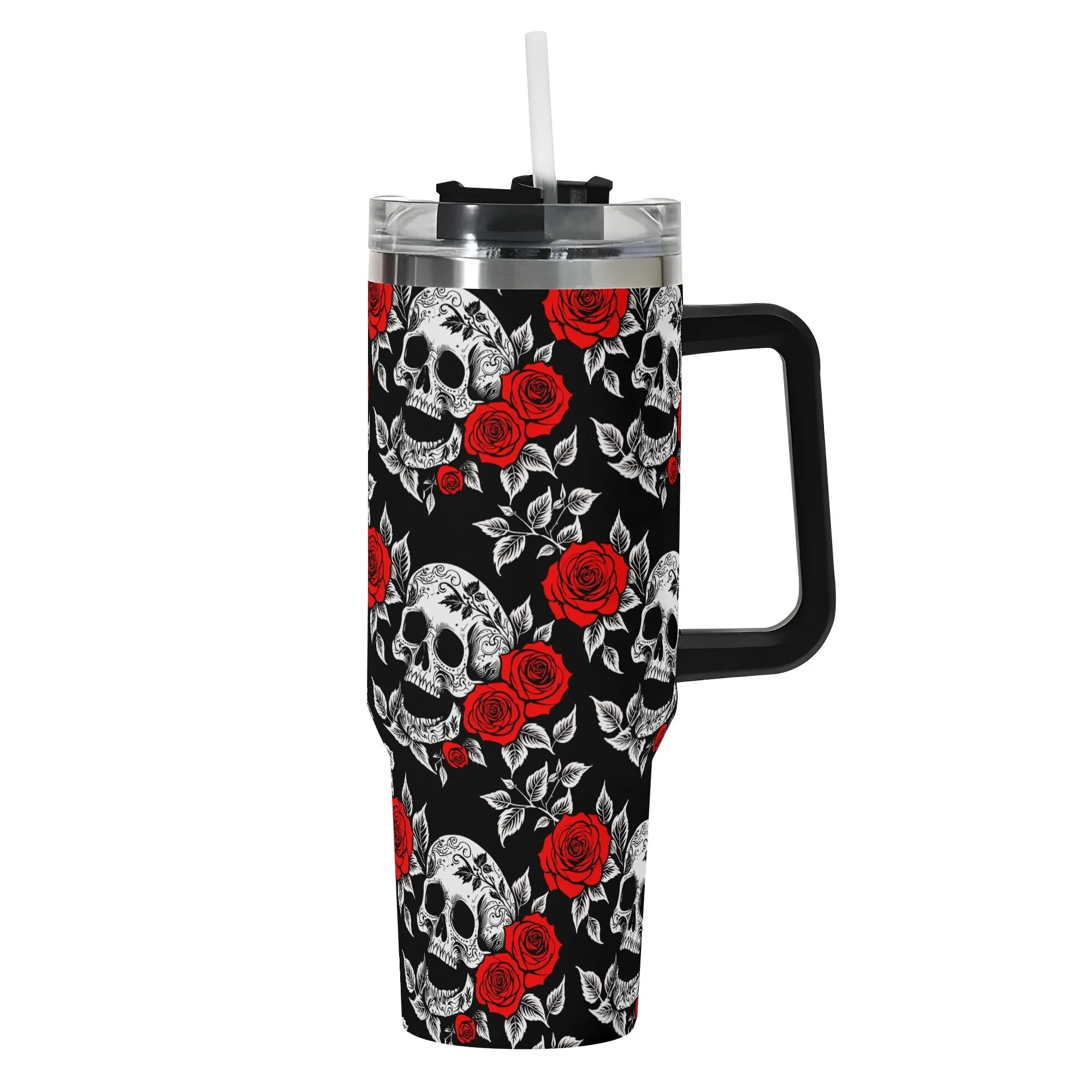 Red Skull Rose 40oz Stainless Steel Tumbler Gift With Black Handle and Straw