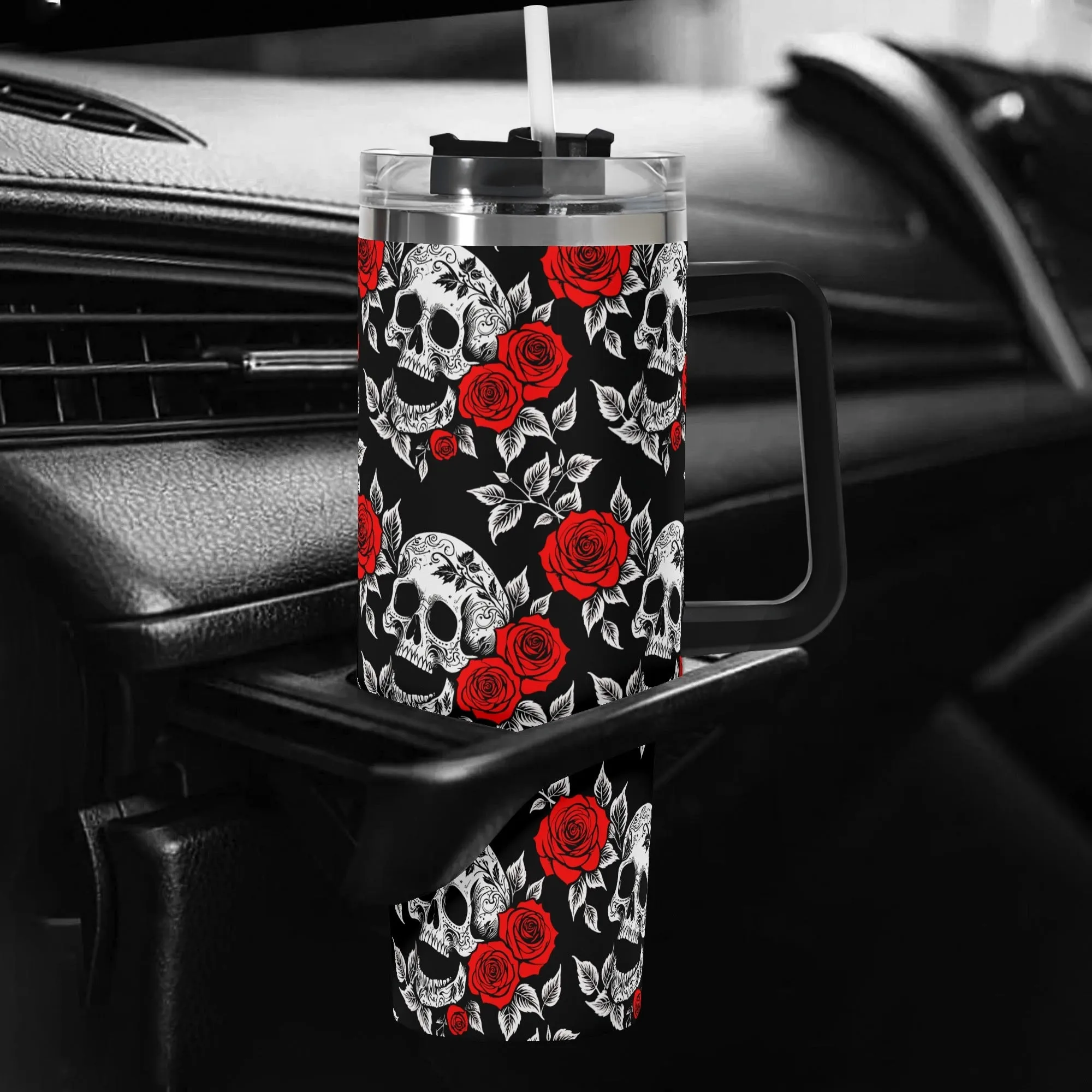 Red Skull Rose 40oz Stainless Steel Tumbler Gift With Black Handle and Straw